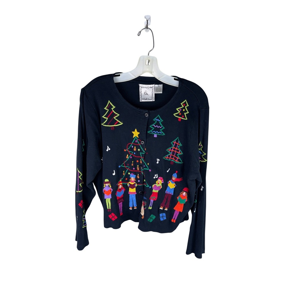 Michael Simon Lite Christmas Carolers Cardigan Sweater Black Cotton Womens XL